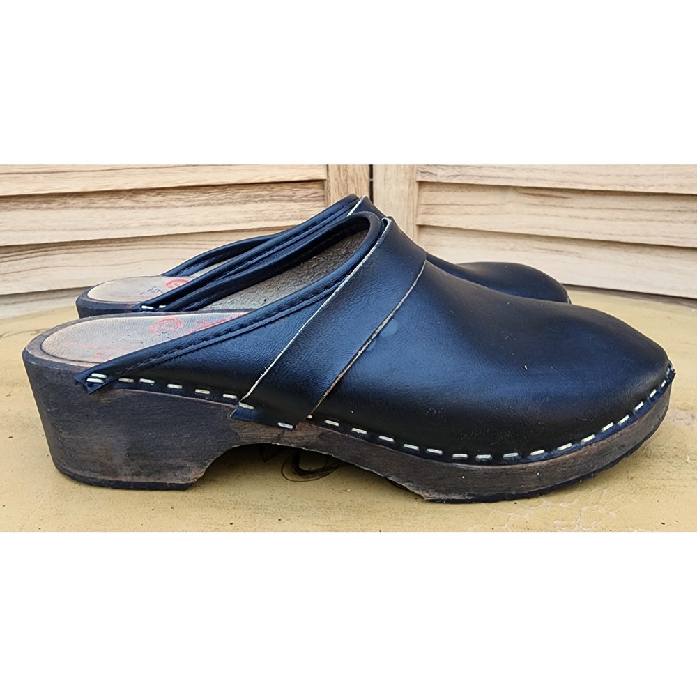 Moheda EU 38 US 7.5 to 8 Black Leather Wooden Swedish Clog Mules Scandinavian